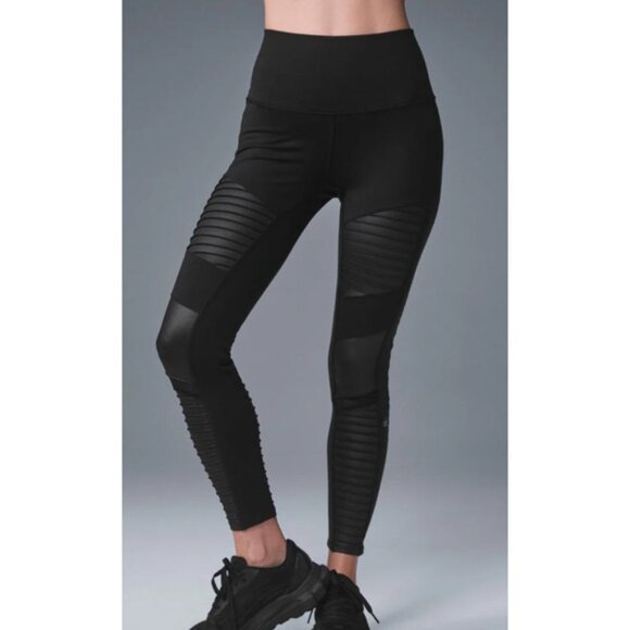 Alo Yoga Black High Waist Moto Legging Glossy Back Athletic Athleisure Medium - Picture 3 of 12
